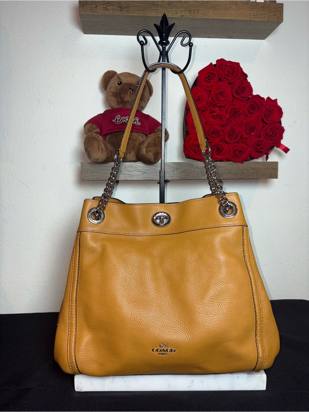 Coach Edie Pebbled Leather Turnlock Satchel Shoulder Bag in Mustard
